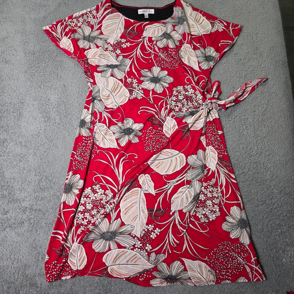 Robbie Bee Womens L Faux Wrap Dress Red Floral Short Sleeve Knee Length 6343